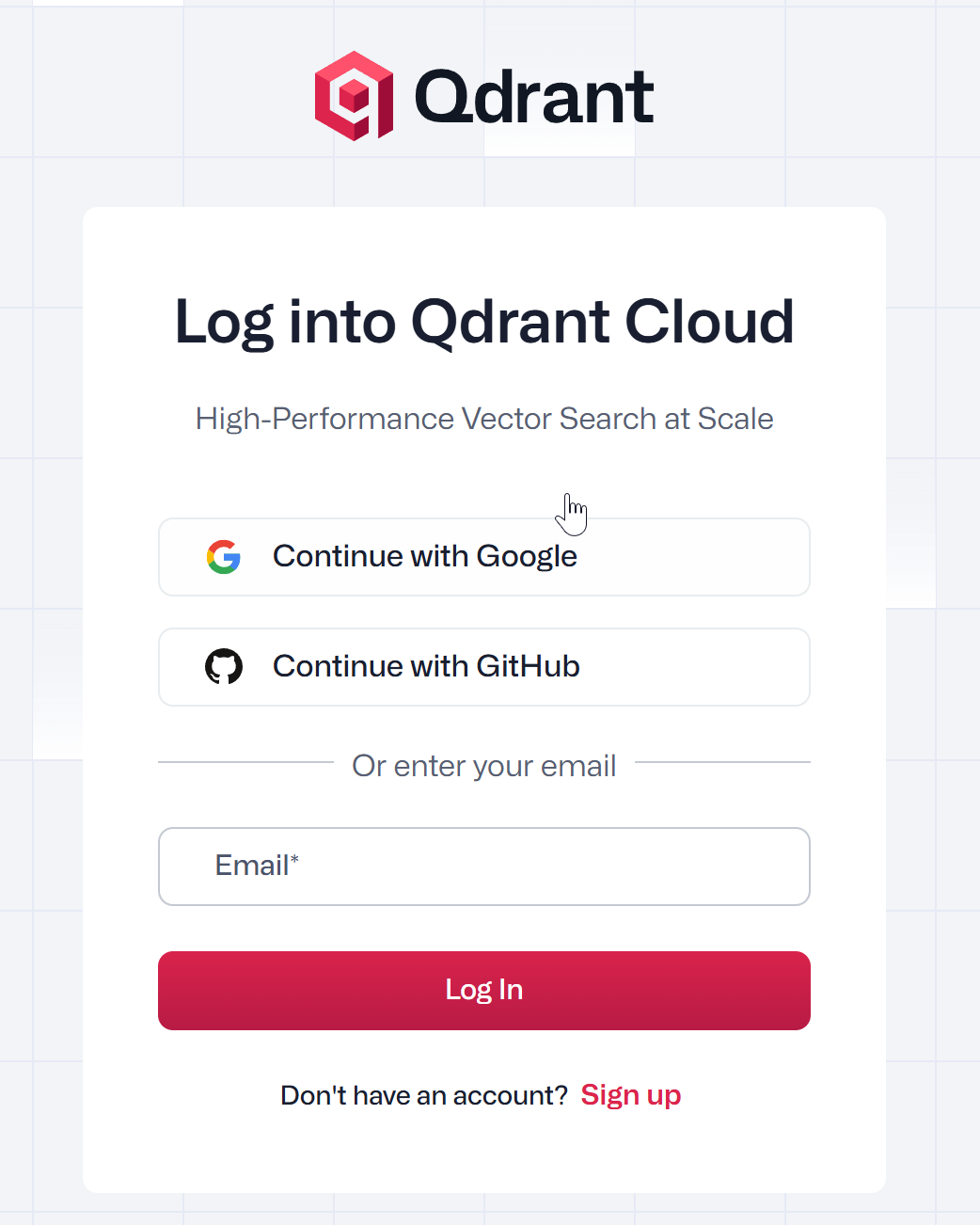 Ekran logowania do Qdrant Cloud z opcjami kontynuacji przez Google, GitHub lub adres e-mail