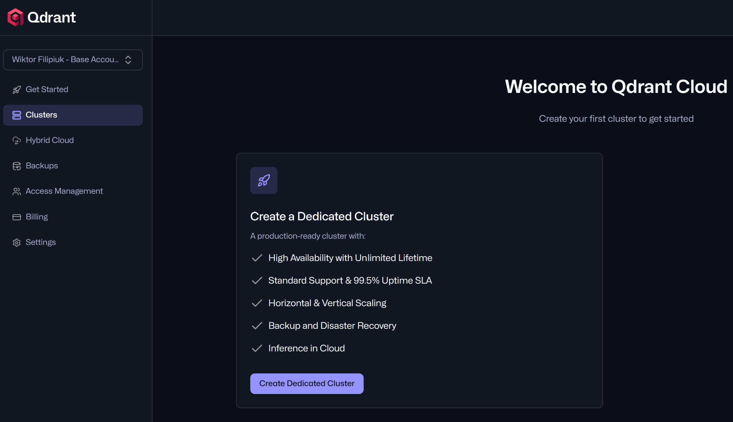 Panel Qdrant Cloud z sekcją Clusters i zachętą do utworzenia pierwszego klastra