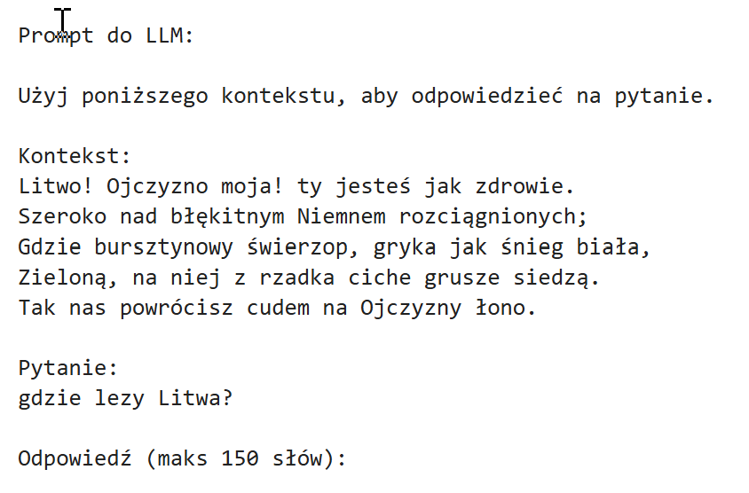 Konsola z promptem zbudowanym przez RAG 1.0: kontekst złożony z fragmentów Pana Tadeusza oraz pytanie o położenie Litwy