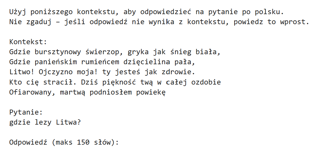 Konsola z promptem RAG 2.0 po rerankingu: te same fragmenty kontekstu ustawione w innej kolejności i instrukcja, by nie zgadywać